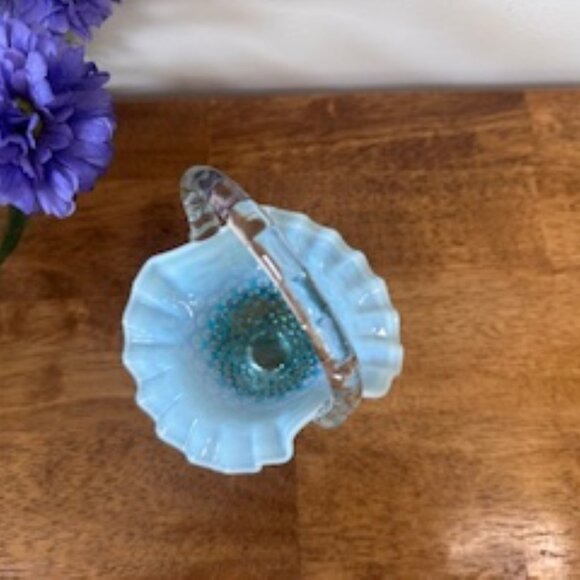 Fenton Hobnail Blue Opalescent Ruffled Basket Clear Twisted Handle Vintage Glass - Picture 3 of 5